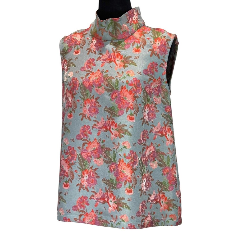 BURU Womens XS Rosy Brocade Floral Top Blue Sleeveless Mock Neck Blouse